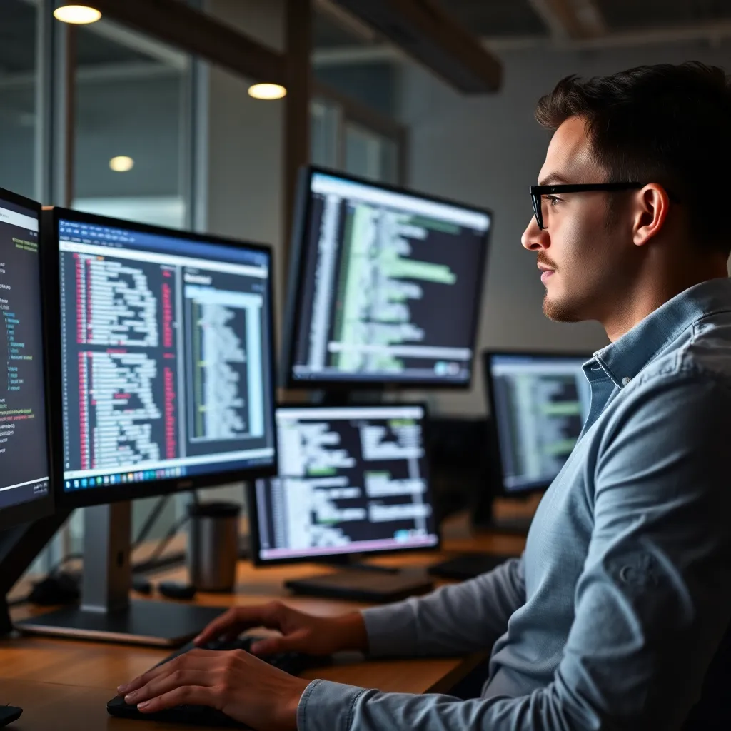 Een Nederlandse IT-professional die gegevens analyseert op een computerscherm