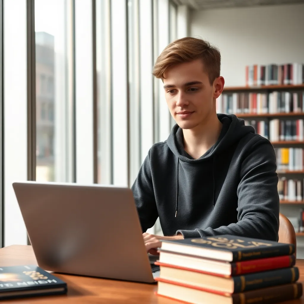 Een Nederlandse student die SQL leert op een laptop in een bibliotheek